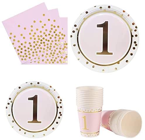 Anniversaire 1 an Fille Vaisselle Rose, Servir 20 Invités - Set Vaisselle Jetable Fournitures Fête, pour Anniversaire Fêtes, Mariages Décoration la Vaisselle de Fête