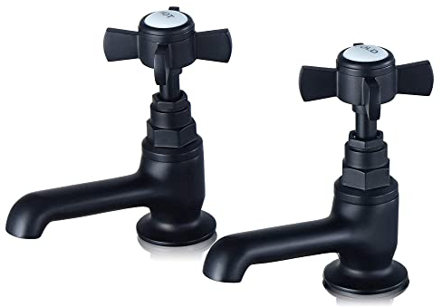 Traditional Basin Taps Pair Hot and Cold for Bathroom Sink Victorian Matte Black Cross Head Handles 2 taps