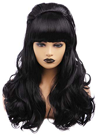 BESTUNG Lange lockige gewellte Vollkopf-Halloween-Perücke für Frauen Cosplay Kostüm Party Perücke mit Pony für 70er Jahre(26 inch)