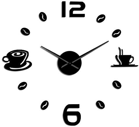 YH Cafe DIY Reloj de Pared Grande sin Marco Reloj de Pared Gigante Diseño Moderno Café Taza de café Grano de café Decoración de Pared Reloj de Pared de Cocina(Negro,70CM)