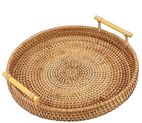 Gukasxi 11 inch Rattan Serving Tray with Handles, Woven Round Food Serving Basket, Wicker Home Decorative Tray for Storage, Bread, Fruit, Breakfast Snacks