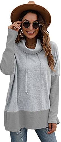 Famulily Women's Hooded Turtleneck Sweater Color Block Long Sleeve Hoodie Sweatshirt Cowl Neck Grey L/XL
