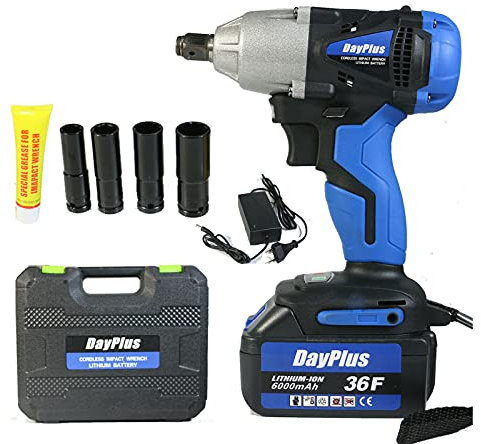 DayPlus Impact Wrench 1/2 inch with Battery, 18V High Torque Codless Impact Gun, 420Nm, 6.0Ah Battery, LED Built-in LED and Fast Charger, with 4 Sockets