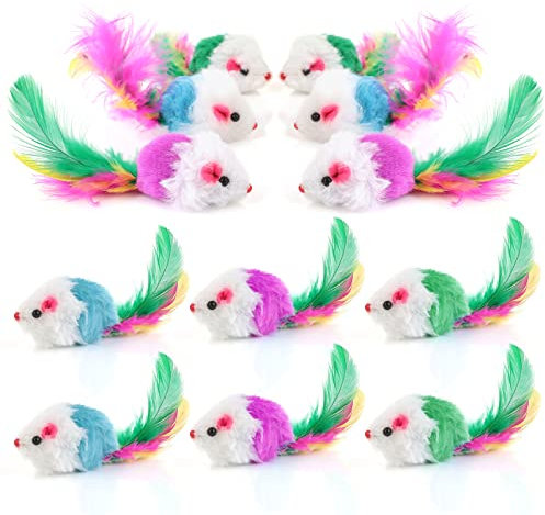 Molain 12 Pieces Cat Mice Toys, Furry Cat Toy Interactive Toys Cat Mouse Animals Toys for Indoor Cats and Kittens