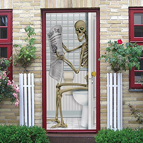 LuSeven fototapapete Skelettmann Toilette 77x200cm(30.31 inches * 78.74 inches) Türtapete 3D Eingang Tür Luxus Fototapete 3D Türaufkleber Freien Türtapete selbstklebend Kinderzimmer Jungen