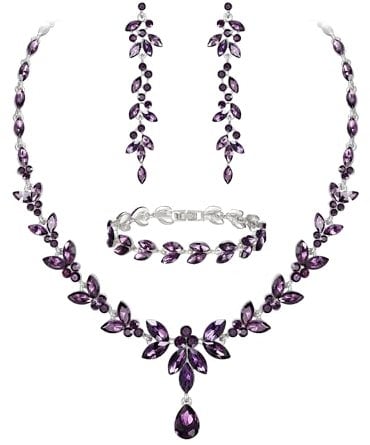 Ever Faith Marquise Crystal Party Jewellery Sets for Bride, Gorgeous Leaf Rhinestone Necklace Dangle Earrings Tennis Bracelet Set Purple Silver-Tone