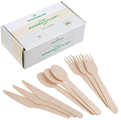 Disposable Wooden Cutlery Sets ~ 150 Piece Forks Spoons & Knives 50 of Each ~ 16cm Bamboo Biodegradable Compostable Eco Friendly Cutlery Set
