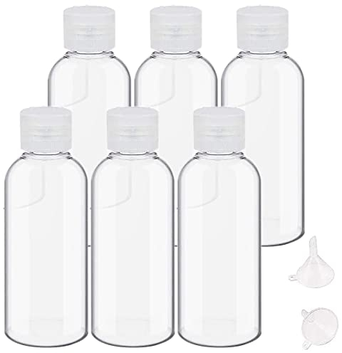 6 Pièces Flacons Vide de Voyage, 100ml Bouteilles Voyage en Plastique vides avec 2 Petits entonnoirs, Vides Petit Flacon Transparent pour cosmétiques,Lotion,shampoing etc