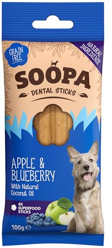Soopa Apfel & Blaubeere Dental Sticks für Hunde | Fettarme Hundesnacks | Hypoallergene | Unterstützt die Zahngesundheit | Vegan, Menschliche Qualität, Nur 78 Kalorien pro Stick | 4 Stück, 100g