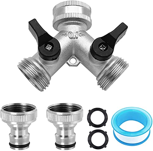 Bztzhm Válvula de Doble Salida para Grifo, Bifurcador Manguera Latón, Conector en Y de 3/4 Pulgadas Distribuidor, Incluyendo 2 Conector de Grifo de Manguera de Jardín, 2 Arandelas y 1 Tira Cruda