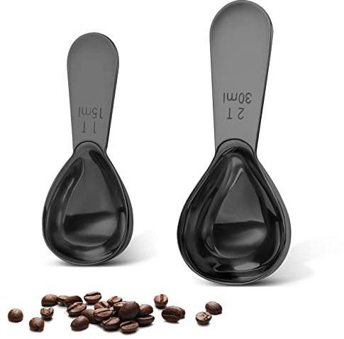 Edelstahl-Kaffeeschaufel, 2-teiliges Set (1 EL, 2 EL), robuster Esslöffel, ergonomischer Messlöffel, geeignet für kleine und große Gläser, Löffel mit kurzem Griff (schwarz)
