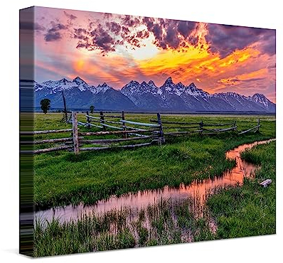 PICANOVA – Leinwandbild 40x30cm Felder und Berge Sonnenuntergang – Leinwanddruck – Wandbild Kunstdruck Auf 2cm Holz-Keilrahmen Für Schlaf- Und Wohnzimmer Wanddekoration – Bild auf Leinwand