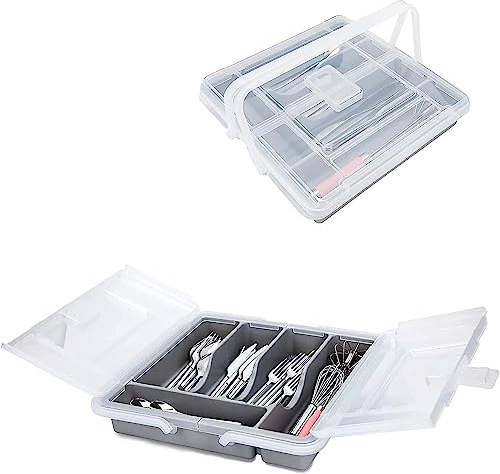 HIMAugbo Range-couverts avec couvercle, portable, rangement à couverts, compact, pour les vacances en camping, les voyages, le jardin, 30 x 30 x 7 cm, Gris Portable