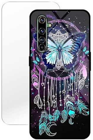 KARTXITAI Funda Compatible con Realme X50 Pro 5G,Carcasa de Vidrio Templado Anti-rasguños Cover Case Gel Flexible Regalo Original+1x Vidrio Cristal Templado-Atrapasueños Mariposa