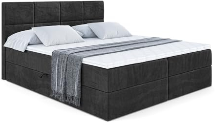 ALTDECOR Boxspringbett mit Matratze und Lattenrost, Boxbett, Topper, Polsterbett mit Bettkasten, Bett mit Stauraum H3-Matratze, Doppelbett, Springboxbett - ARDENI - 180x200 - Schwarz Samt