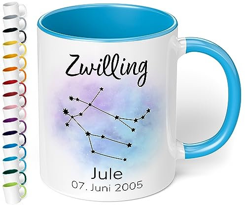 Sternzeichen Tasse mit Namen, Datum und 12 Sternenbilder personalisiert – 330ml Keramik Kaffeebecher, kleine Geschenke für Kollegen Frauen Männer Büro Geburtstag Weihnachten (Hellblau)