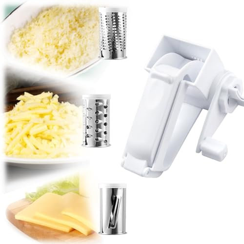 INFOMAG 3 Pcs Rallador de Queso Manual Molino Rallador de Queso Rallador de Queso Giratorio Molino Rallador de Queso Rallador de Queso con Manija + 3 Cilindros de Ralladura para Todo Tipo de Quesos