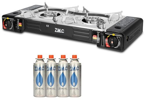 ZMC Réchaud à gaz de camping à 2 feux avec adaptateur pour raccord GPL + 4 cartouches de gaz 227 g + mallette de rangement, puissance thermique : 2,5 kW, réchaud de camping avec allumage