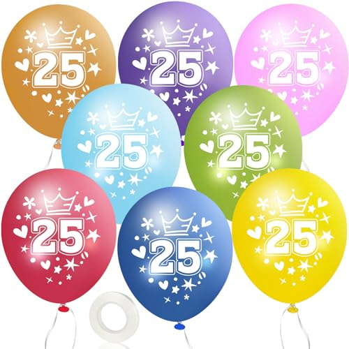 MUEZDUR 12 kunterbunte Luftballons 25. Geburtstag 30cm Luftballon Deko mit Weiß Band, 25 Frauen Männer Jubiläum 25. Jahre Deko 25 Silberhochzeit Ballon Zahl 25