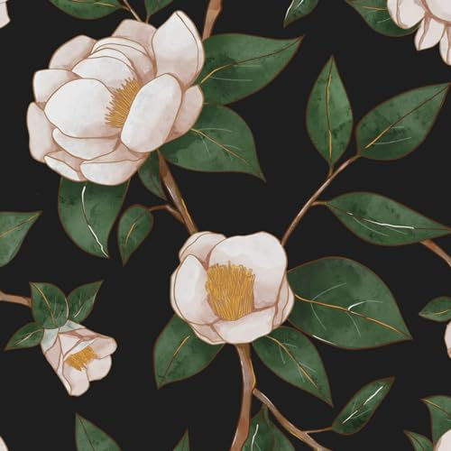 VOLEAAR Gardenia Floral Wallpaper Cape Jasmine Flower Contact Paper Wallpper Peel and Stick Vintage Boho Wall Paper Waterproof Easy to Cut Vinyl Film Removable Black Green White 44.5CM x 300CM