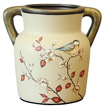Dekorative Vase, handgefertigte Vase, Heimdekoration, Vase, Blumenvase mit Vogel- und Blumenmotiv, Amphoren-Keramikvase, Küchentischdekoration (Farbe: A)