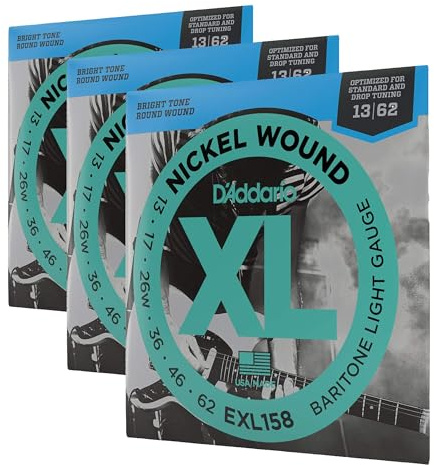 D'Addario Guitar Strings - XL Nickel Electric Guitar Strings - EXL158 - Perfect Intonation, Consistent Feel, Reliable Durability - For 6 String Guitars - 13-62 Light Baritone (Pack of 3)