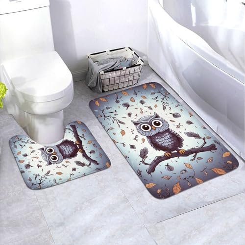 NONHAI Badezimmerteppich-Set, 2-teilig, rutschfeste Badematte für Badezimmer, weich, saugfähig, Badteppich, Eulen, Äste, Bodenmatte, waschbar, Duschvorleger für Badezimmerboden, Badewanne und Dusche