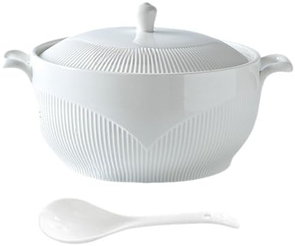 STJNFCY Sopera de Cerámica Blanca con Tapa, Tazón de Doble Asa Creativo Vajilla Decorativa para Sopa Cereal Guiso Sopa Miso,1500ML,B