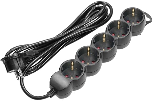Miratic Steckdosenleiste 5-Fach Mehrfachsteckdose Schwarz mit Flachstecker IP20, Max. Belastung 3680W Steckdosentyp: Schuko (1,5m)
