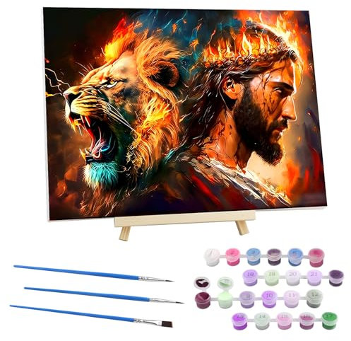 EOBROMD León Pintar por Numeros Adultos con Marco, Cuadros para Pintar por Numeros Jesús, Fantasía Lona sin Pliegues Pintura al Colorear por Numeros con Caballete, Decoración del Hogar 30x40cm