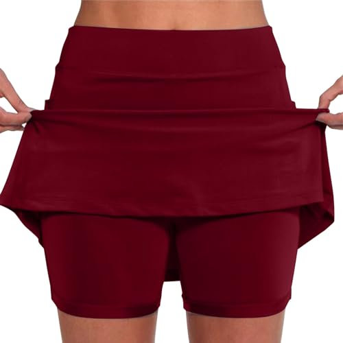 BBring Hosenrock Damen Kurz Gedruckter Tennisrock Damen Rock mit Hose Drunter Mode Yoga Rock Hohe Taille Sportrock A-Linie Tennis Skort Sommerrock Outdoor Running Röcke Laufrock(A04-Wein 5XL)