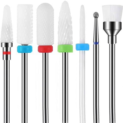 Juego de 7 brocas de cerámica para uñas, profesional, para quitar gel, acrílico, cutícula, diamante, 3/32, brocas para uñas, para manicura, pedicura, salón, uso en el hogar (White)