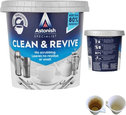 SAVING HUB Clean & Revive Powder 350g - Tea Coffee Stain Remover - No Scrubbing no Residue or Smell - Removes Ingrained Stains from Flasks Mugs Cups & Teapots - 350g Clean & Revive Powder