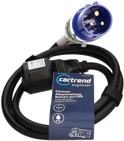 cartrend Explorer CEE Adapterleitung mit CEE-Stecker und Schutzkontaktkupplung, zum Anschluss von Elektrogeräten an das Bordnetz von Wohnwägen, Wohnmobilen oder CEE-Stromversorgern, IP44, 1,5m, schwar