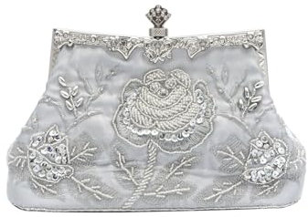 CORIOS Vintage 1920s Abendtasche Floral Clutch Tasche Damen Handgemachte Perle Handtasche Elegante Schultertasche Kette Umhängetasche Klein Tasche Hochzeit Bankett-Party Abschlussball Tasche Silber