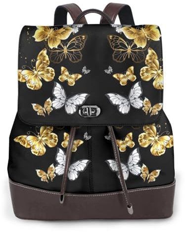 OdDdot Leder-Rucksack, Laptop-Tasche, Büchertasche, für Damen, Herren, Büchertasche, Wochenende, Tagesrucksack, für Reisen, Arbeit, goldfarben / Weiß / Schwarz, Schwarz , One size