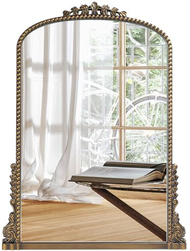 Wemily Espejo arqueado barroco vintage, marco de madera de latón antiguo tradicional ornamentado, 24 x 32 pulgadas, perfecto para entrada, chimenea, sala de estar, pasillo, baño