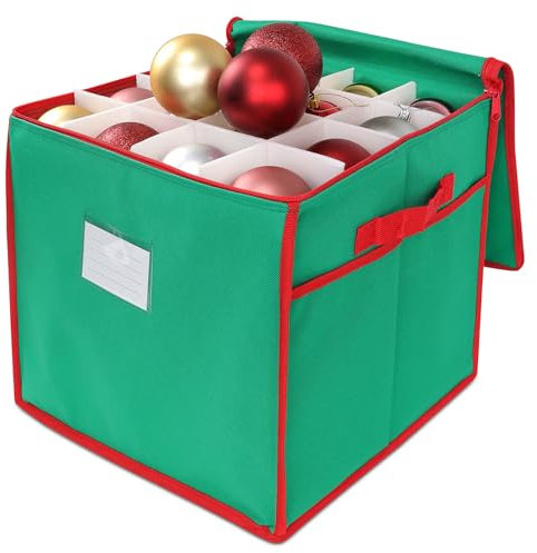 Dijia Christmas Bauble Storage Box- Green Christmas Tree Ball Storage Xmas Decoration with Adjustable Dividers, 13.5 x 13.5 x 13.5