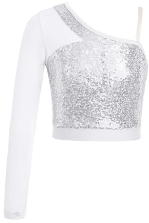 Eandarui Pailletten Tanz Shirt Kinder Mädchen Langarm Oberteil EIN Schulter Tunika Bluse Kurz Bauchfrei Crop Top Wettbewerb Tanzkleidung