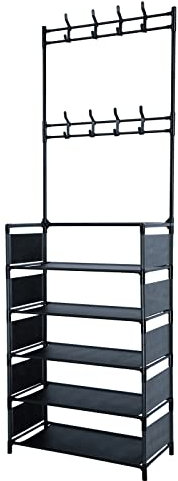 Hanzete - Scarpiera in metallo a 5 ripiani, regolabile, con 16 ganci in metallo, copertura laterale, per ingresso, bagno, soggiorno, facile da montare, colore: nero