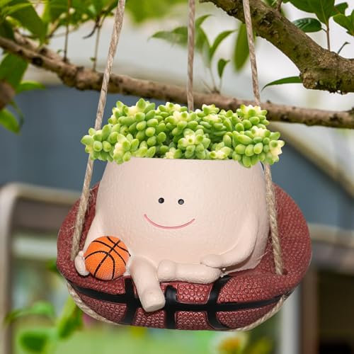Toparad Hanging Swing Chair Planter Pot with Basketball Resin Face Plant Pot for Indoor Outdoor Plants Cute Head Flower Pots for Succulent String of Pearls Unique Gift on Mother's Day, Christmas