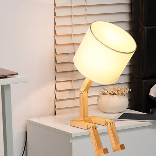 YLTLINK Cute Desk Lamp Robot,Bed Side Lamps for Bedroom,Bedside Table Lamp,Unique Lamps,Wood Adjustable Legs and Arms,Cool,Novelty Fun,Kids Adult,Cool Desk Lamp,Bookshelf,Decorative,Aesthetic Light
