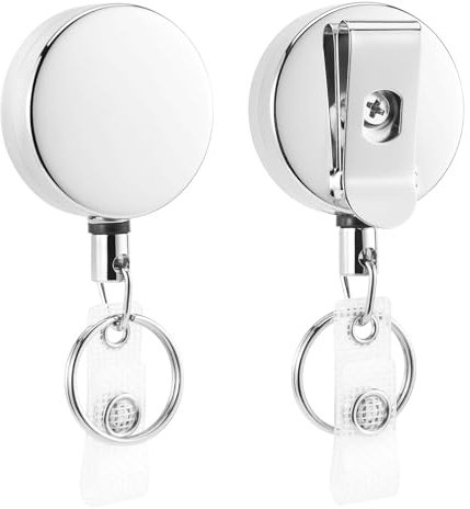 QIUTIMIY 2PCS Portachiavi Retrattile, Porta Badge con Gancio Girevole, Porta Badge Estensibile e Resistente con cavo in acciaio da 60 cm,argento