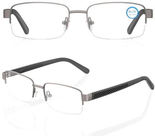 Epavouos Halbrand Metallrahmen Blaufilterbrille leicht Computer Brille ultra leicht für Männer Herren Business Geschäftsreisen Unterwegs (Graubraun, 0.00, x)