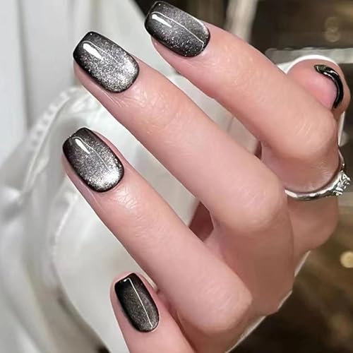 24 Pièces Carrés Faux Ongles Court, Brillant Français Press on Nails Noir œil de Chat Ongles à Coller, Couverture Complète French Capsule Ongles, Acrylique Faux Ongles Autocollants pour Femmes Filles