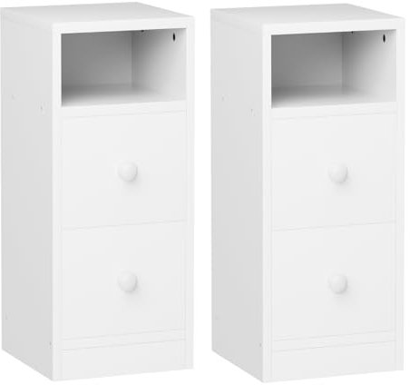 LEADZM Nachttisch 2er Set,Schmal Nachtschrank mit Stauraum für Schlafzimmer, Beistelltisch mit 2 Schubladen, Kommode mit 1 Ofenes Fach, Wohnzimmer, 25 x 30 x 60 cm (2, Weiß)
