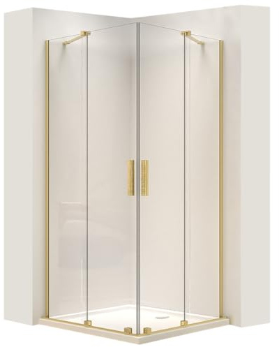 Rea - Cabina Doccia Montana Double, Oro Spazzolato 80X100, D'Angolo Senza Piatto Doccia, Vetro Di Sicurezza Temperato Trasparente 6mm, Scorrevole, 100 X 80 X 200 cm