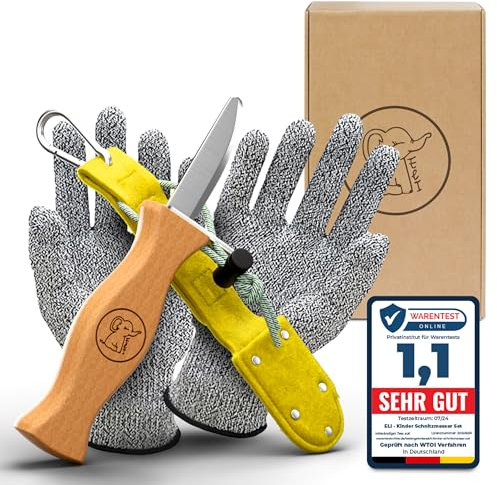Eli® Schnitzmesser Kinder mit Filztasche ab 6 Jahre - hochwertiges Kindermesser Schnitzset inkl. schnittfeste Handschuhe - Kinderschnitzmesser - Schnitzwerkzeug - Outdoor Messer - gelb
