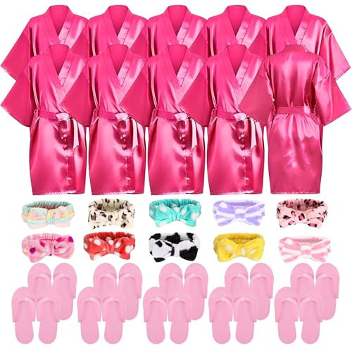 YFNVH Lot de 30 fournitures de fête spa pour filles comprenant 10 peignoirs kimono en satin de soie, 10 bandeaux de spa doux, 10 chaussons en mousse rose pour enfants, fournitures de salon, fête