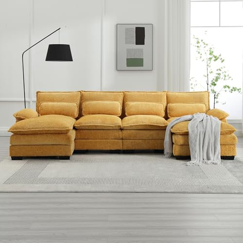 HOXINBLY Sofa mit Schlaffunktion, Big Sofa 4 Sitzer U Form Modernes Design, Polstermöbel Loungesessel mit 4 Lendenkissen, Wohnzimmer Möbel Schlafsofa für Wohnzimmer Wohnung Villa, Gelb
